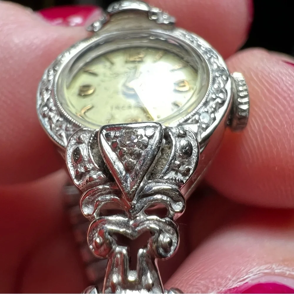 Vintage Benrus 14K Gold and Diamonds Ladies Wrist Watch, White Gold, Art Deco